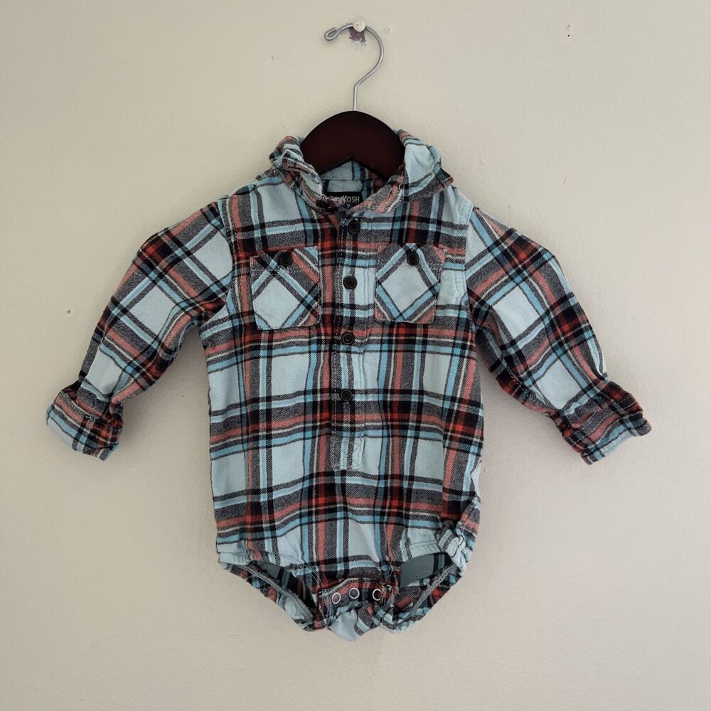 OshKosh B’Gosh Baby Boy Flannel Plaid Cotton Romper, Blue/Red- 24M